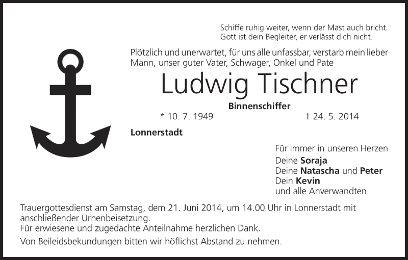  Traueranzeige für Ludwig Tischner vom 19.06.2014 aus MGO