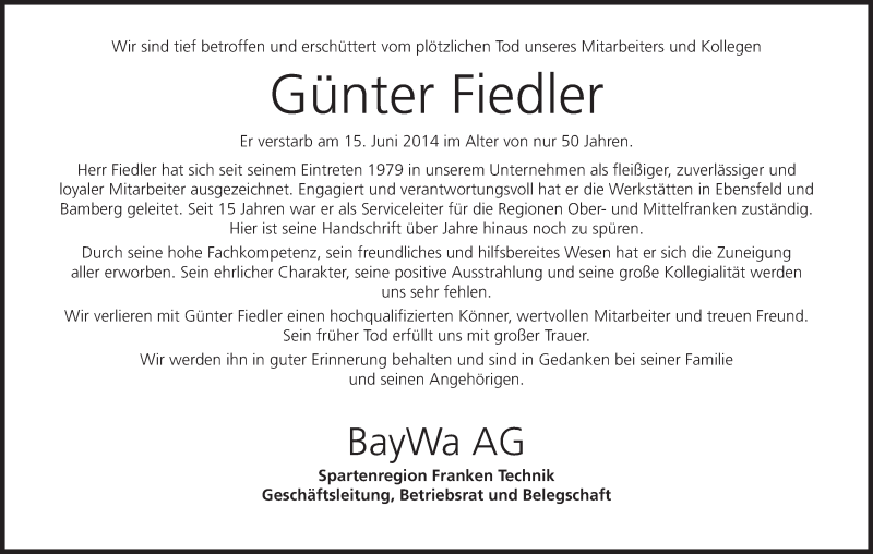  Traueranzeige für Günter Fiedler vom 19.06.2014 aus MGO