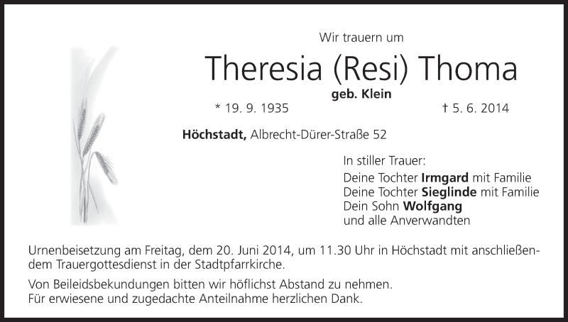  Traueranzeige für Theresia Thoma vom 18.06.2014 aus MGO