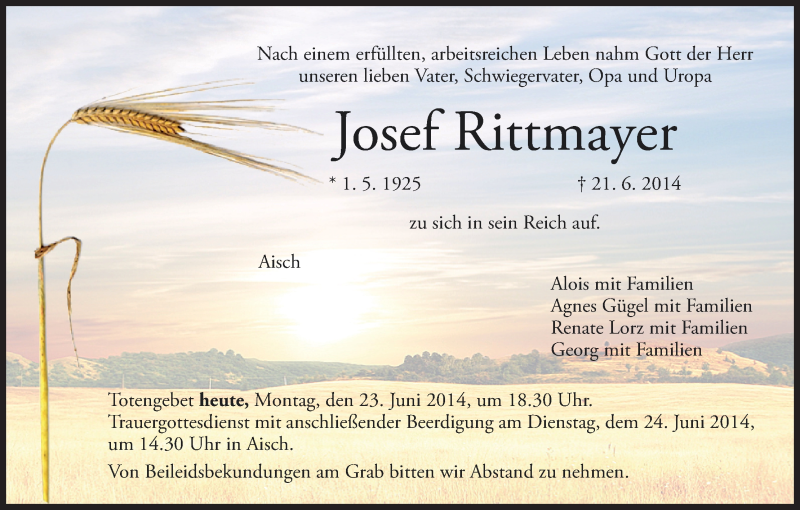 Traueranzeige für Josef Rittmayer vom 23.06.2014 aus MGO