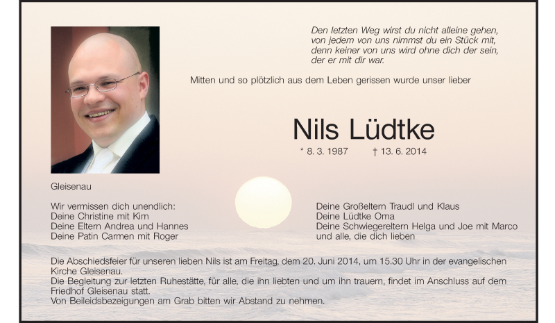  Traueranzeige für Nils Lüdtke vom 18.06.2014 aus MGO