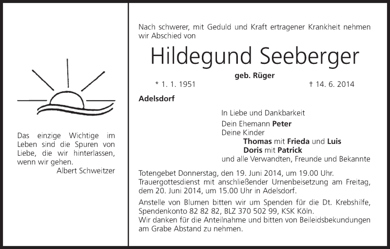  Traueranzeige für Hildegund Seeberger vom 18.06.2014 aus MGO
