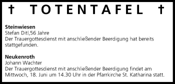 Anzeige von Totentafel vom 18.06.2014 von MGO