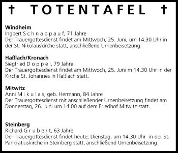 Anzeige von Totentafel vom 24.06.2014 von MGO