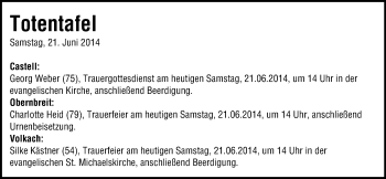 Anzeige von Totentafel vom 21.06.2014 von MGO