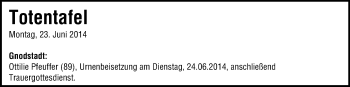 Anzeige von Totentafel  vom 23.06.2014 von MGO