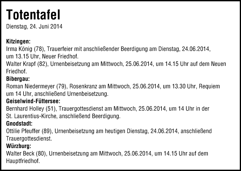  Traueranzeige für Totentafel vom 24.06.2104 vom 24.06.2014 aus MGO