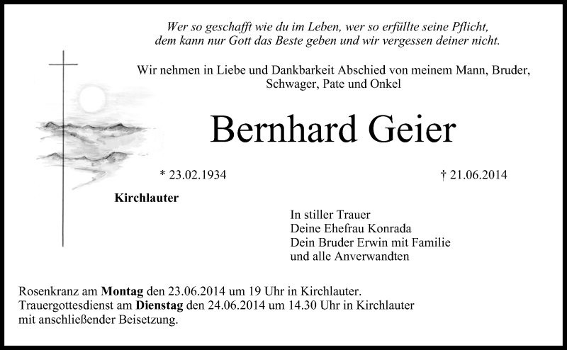  Traueranzeige für Bernhard Geier vom 23.06.2014 aus MGO