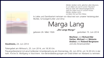 Anzeige von Marga Lang von MGO