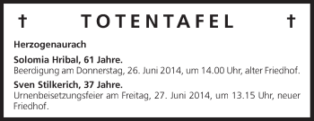 Anzeige von Totentafel vom 24.06.2014 von MGO