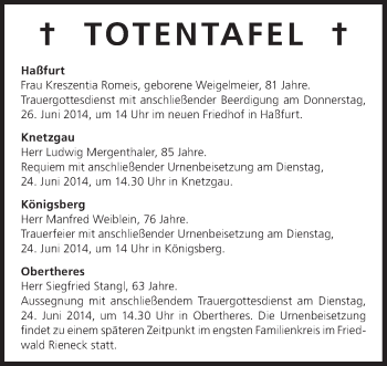 Anzeige von Totentafel vom 24.06.2014 von MGO