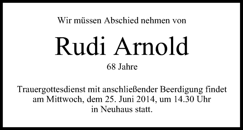  Traueranzeige für Rudi Arnold vom 24.06.2014 aus MGO