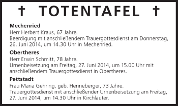 Anzeige von Totentafel 25.06.2014 von MGO