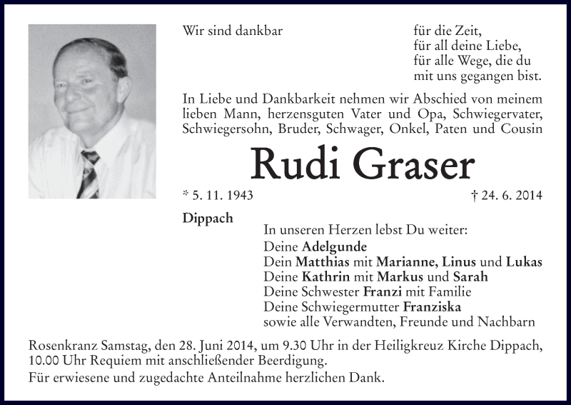  Traueranzeige für Rudi Graser vom 26.06.2014 aus MGO