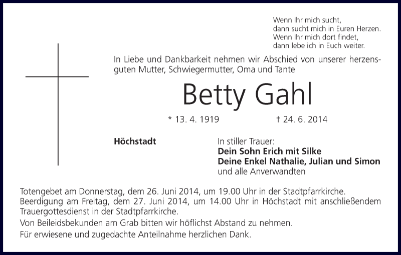  Traueranzeige für Betty Gahl vom 26.06.2014 aus MGO