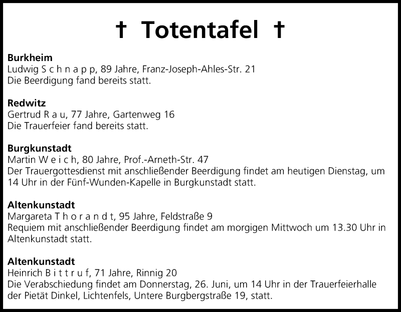  Traueranzeige für Totentafel vom 24.06.2014 vom 24.06.2014 aus MGO