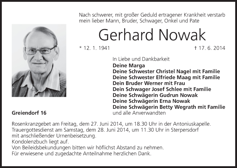  Traueranzeige für Gerhard Nowak vom 26.06.2014 aus MGO