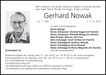 Anzeige von Gerhard Nowak von MGO