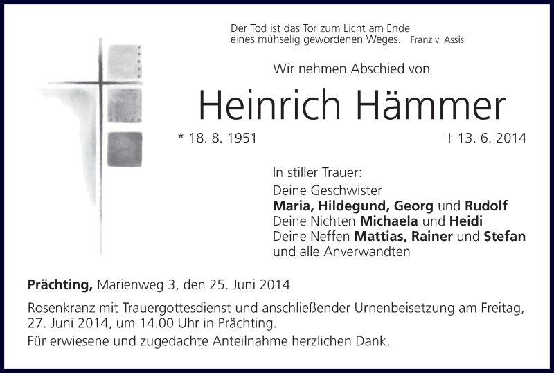  Traueranzeige für Heinrich Hämmer vom 25.06.2014 aus MGO