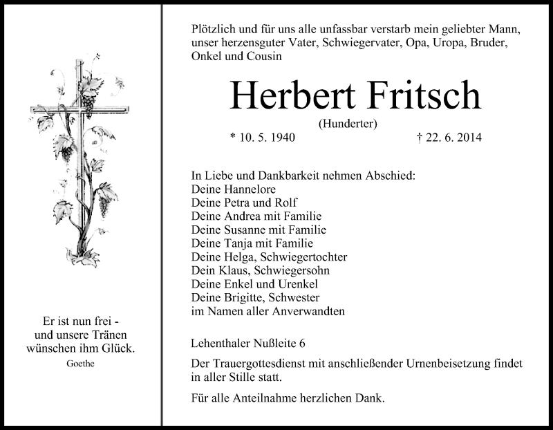  Traueranzeige für Herbert Fritsch vom 25.06.2014 aus MGO