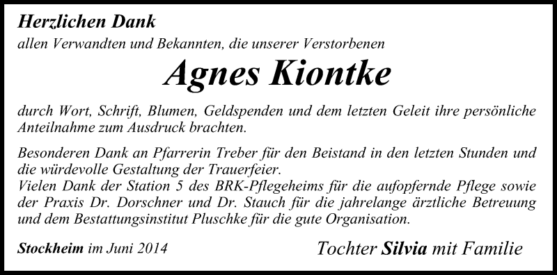  Traueranzeige für Agnes Kiontke vom 25.06.2014 aus MGO