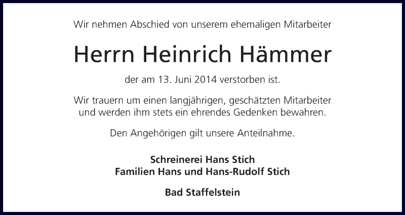  Traueranzeige für Heinrich Hämmer vom 26.06.2014 aus MGO