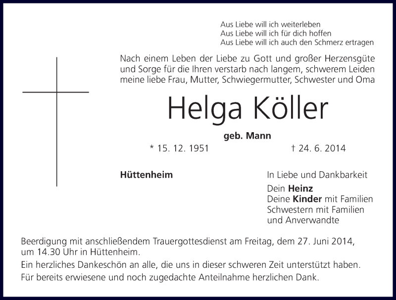  Traueranzeige für Helga Köller vom 26.06.2014 aus MGO