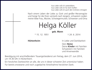 Anzeige von Helga Köller von MGO