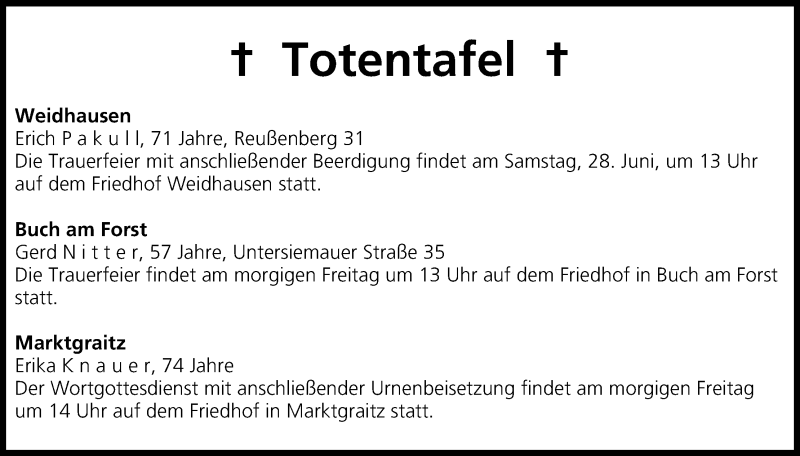  Traueranzeige für Totentafel 26.06.2014 vom 26.06.2014 aus MGO