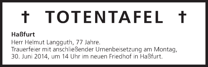  Traueranzeige für Totentafel vom 27.06.2014 vom 27.06.2014 aus MGO