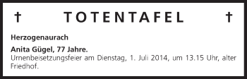 Anzeige von Totentafel vom 27.06.2014 von MGO