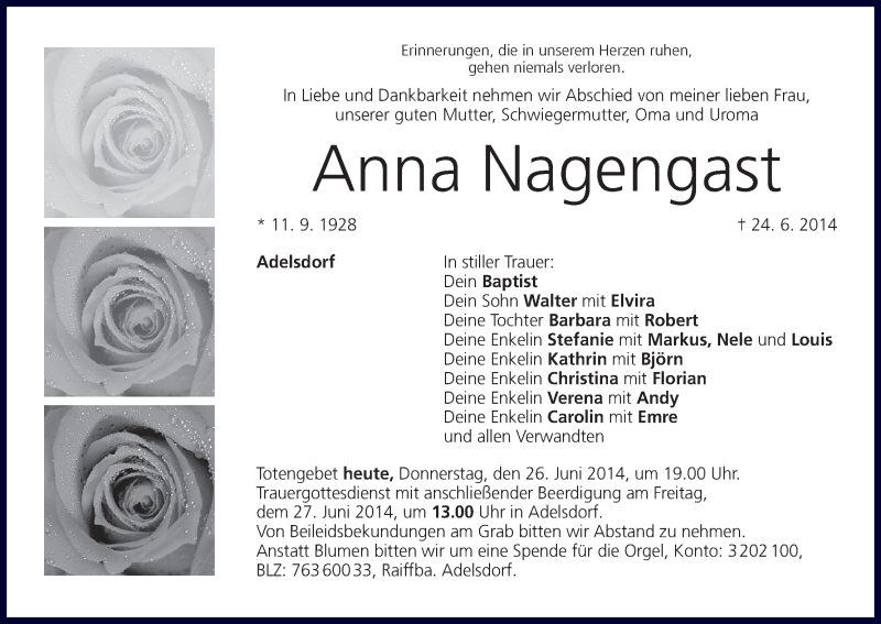  Traueranzeige für Anna Nagengast vom 26.06.2014 aus MGO