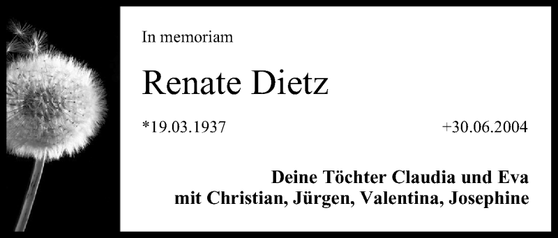  Traueranzeige für Renate Dietz vom 28.06.2014 aus MGO