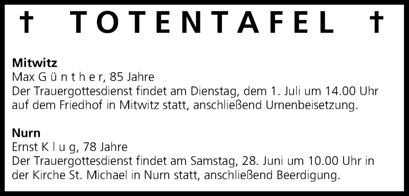  Traueranzeige für Totentafel vom 28.06.2014 vom 28.06.2014 aus MGO