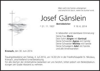 Anzeige von Josef Gänslein von MGO