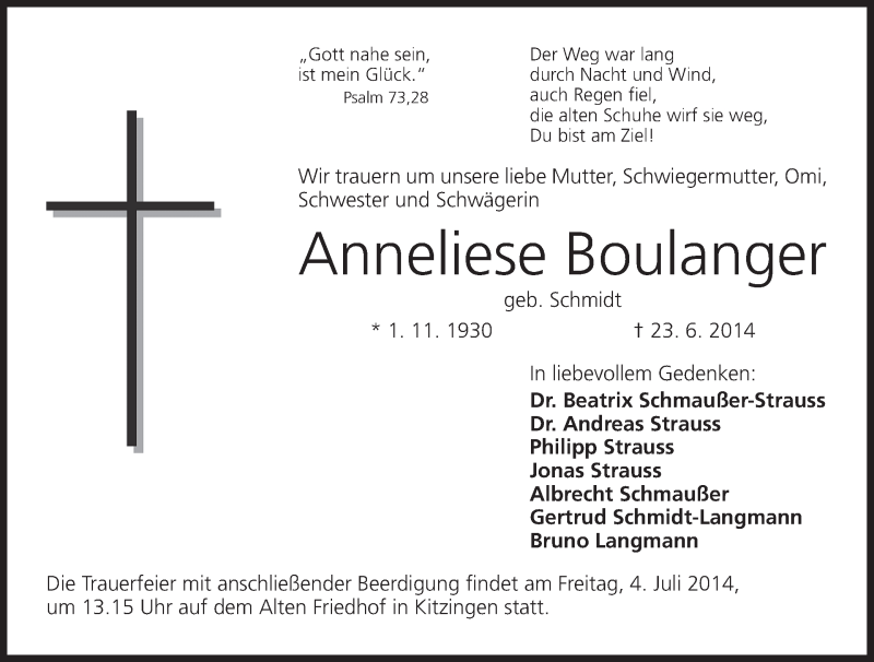  Traueranzeige für Anneliese Boulanger vom 28.06.2014 aus MGO