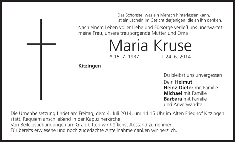  Traueranzeige für Maria Kruse vom 02.07.2014 aus MGO