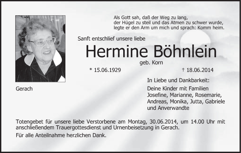  Traueranzeige für Hermine Böhnlein vom 28.06.2014 aus MGO