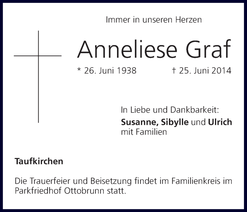  Traueranzeige für Anneliese Graf vom 28.06.2014 aus MGO