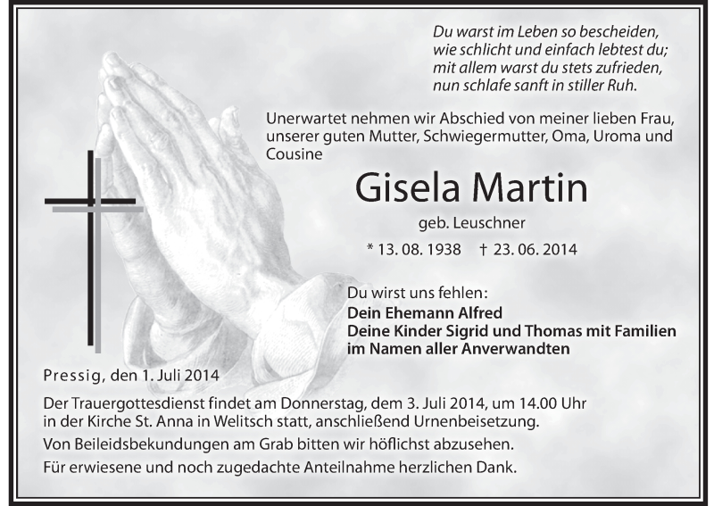  Traueranzeige für Gisela Martin vom 01.07.2014 aus MGO