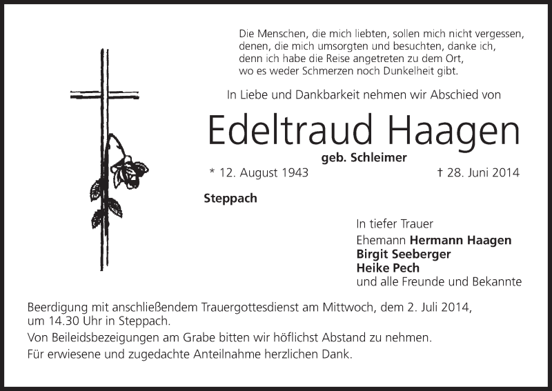  Traueranzeige für Edeltraud Haagen vom 01.07.2014 aus MGO