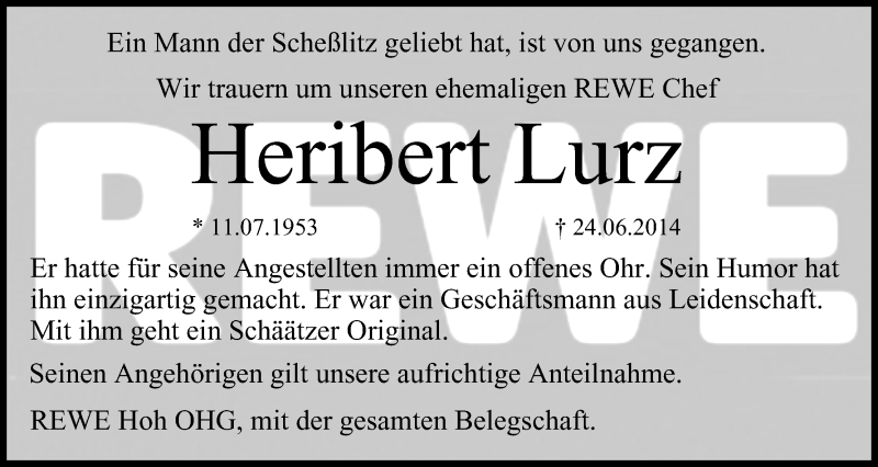  Traueranzeige für Heribert Lurz vom 28.06.2014 aus MGO