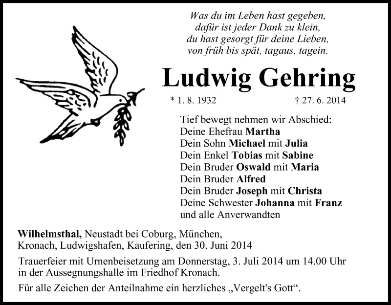  Traueranzeige für Ludwig Gehring vom 30.06.2014 aus MGO