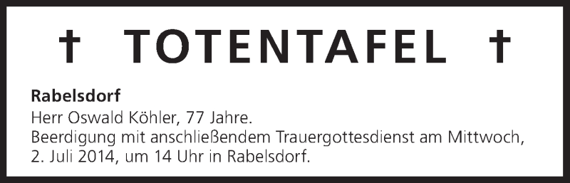  Traueranzeige für Totentafel vom 01.07.2014 vom 01.07.2014 aus MGO