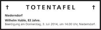 Anzeige von Totentafel vom 01.07.2014 von MGO