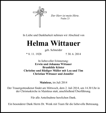 Anzeige von Helma Wittauer von MGO