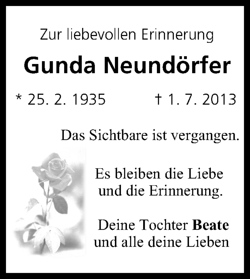  Traueranzeige für Gunda Neundörfer vom 01.07.2014 aus MGO