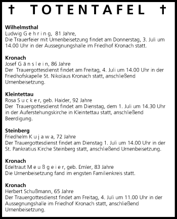 Anzeige von Totentafel vom 01.07.2014 von MGO