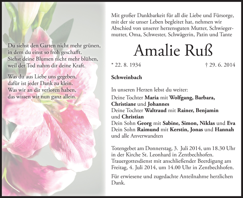  Traueranzeige für Amalie Ruß vom 03.07.2014 aus MGO