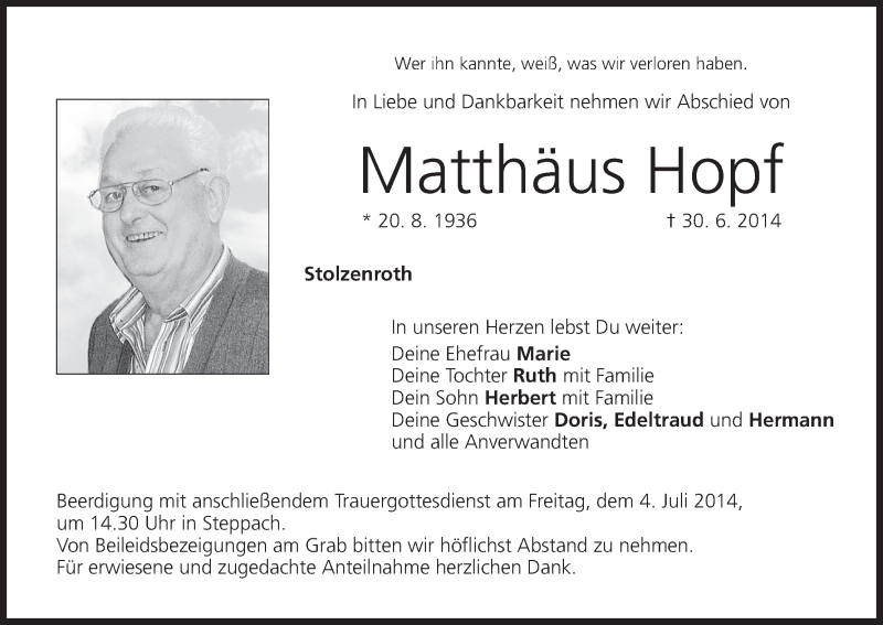  Traueranzeige für Matthäus Hopf vom 02.07.2014 aus MGO